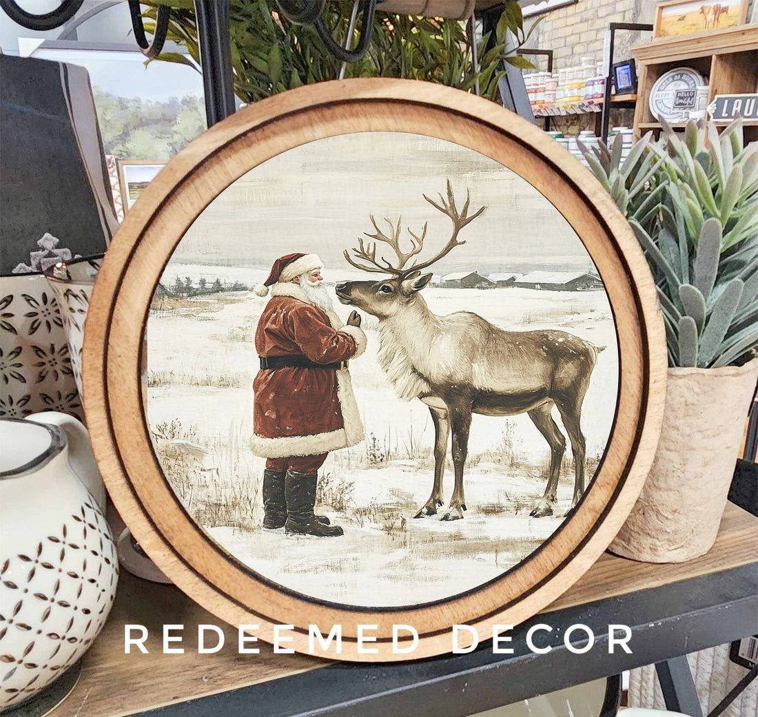 8&quot; Round Santa Reindeer Neutral Art