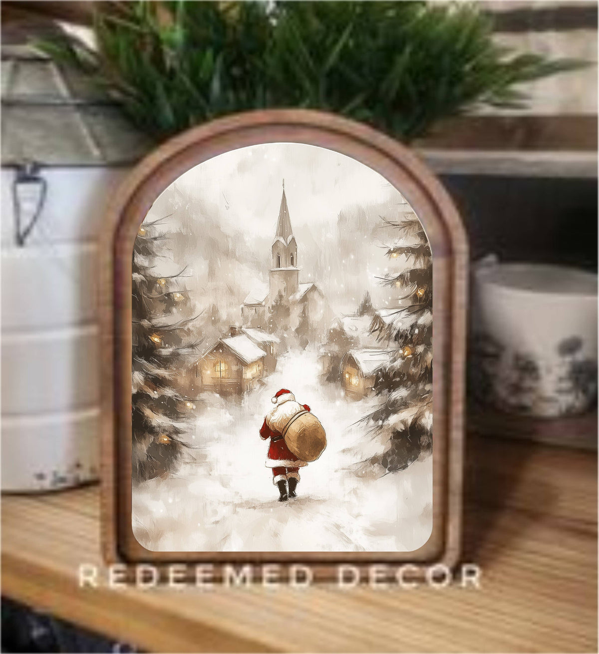 Arch Top Village Santa Framed Art